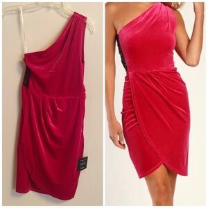NWT LULUS All The Luxe Hot Pink Velvet Lace One-Shoulder Mini Dress SMALL